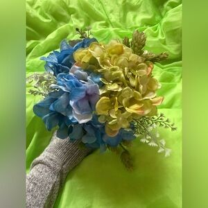 Wedding Bride Bridesmaid Bouquet Floral Leaves Silver Blue Green Peach Hydrangea